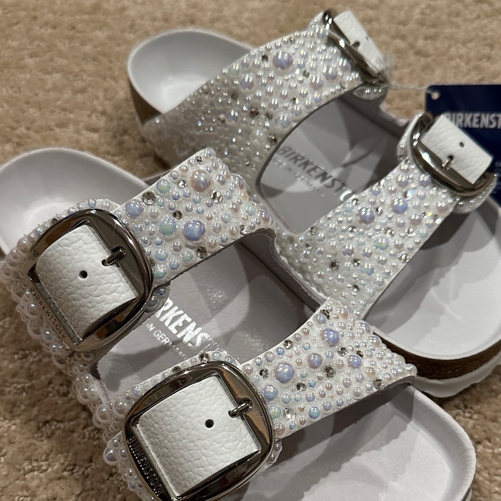 Birkenstock Customized Wedding Sandals in White with Pearl Accents - Picture 7 of 11